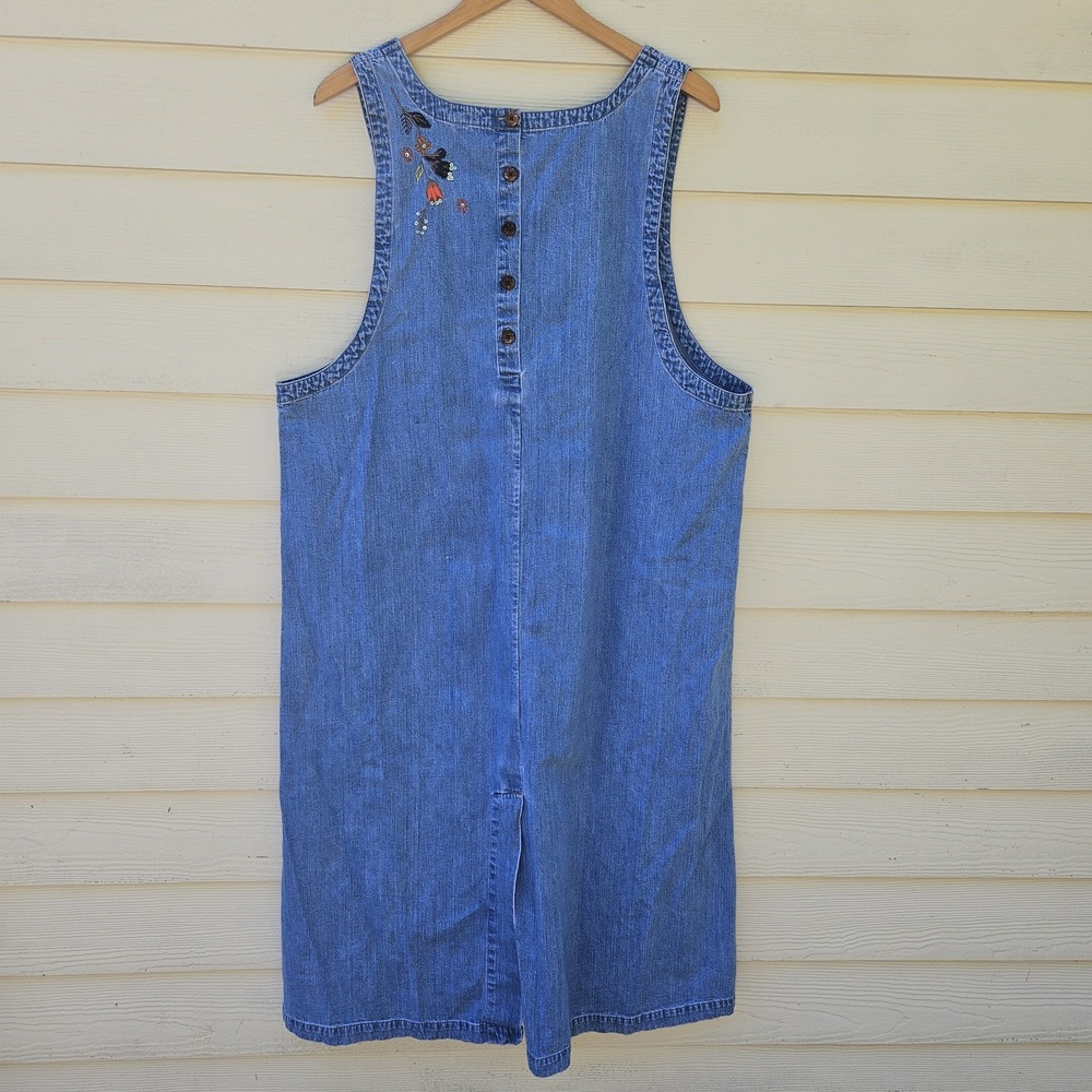 Vtg Christopher & Bank Jumper Overall Denim Dress 18W Embroidered Fall Floral - Picture 6 of 14